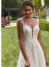 Illusion Neck Beaded Ivory Lace Tulle Sparkly Wedding Dress